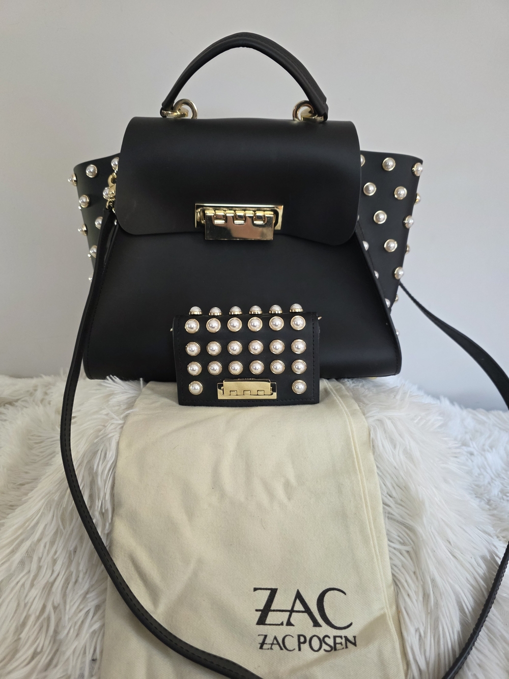 ZAC Zac Posen Black Pearl-Embellished Top-Handle Satchel and Matching Wallet